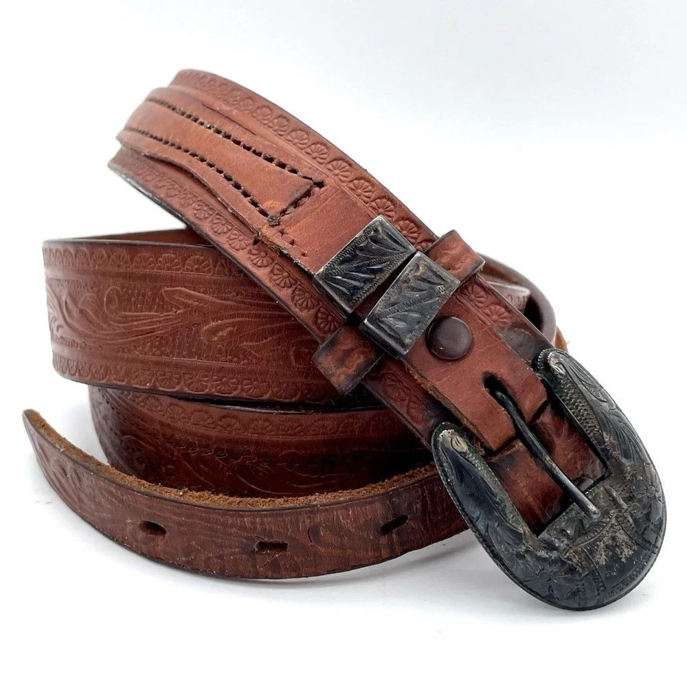 Vintage Handmade Women's Brown Tooled Leather Western Bird Floral Belt Sz 32-35